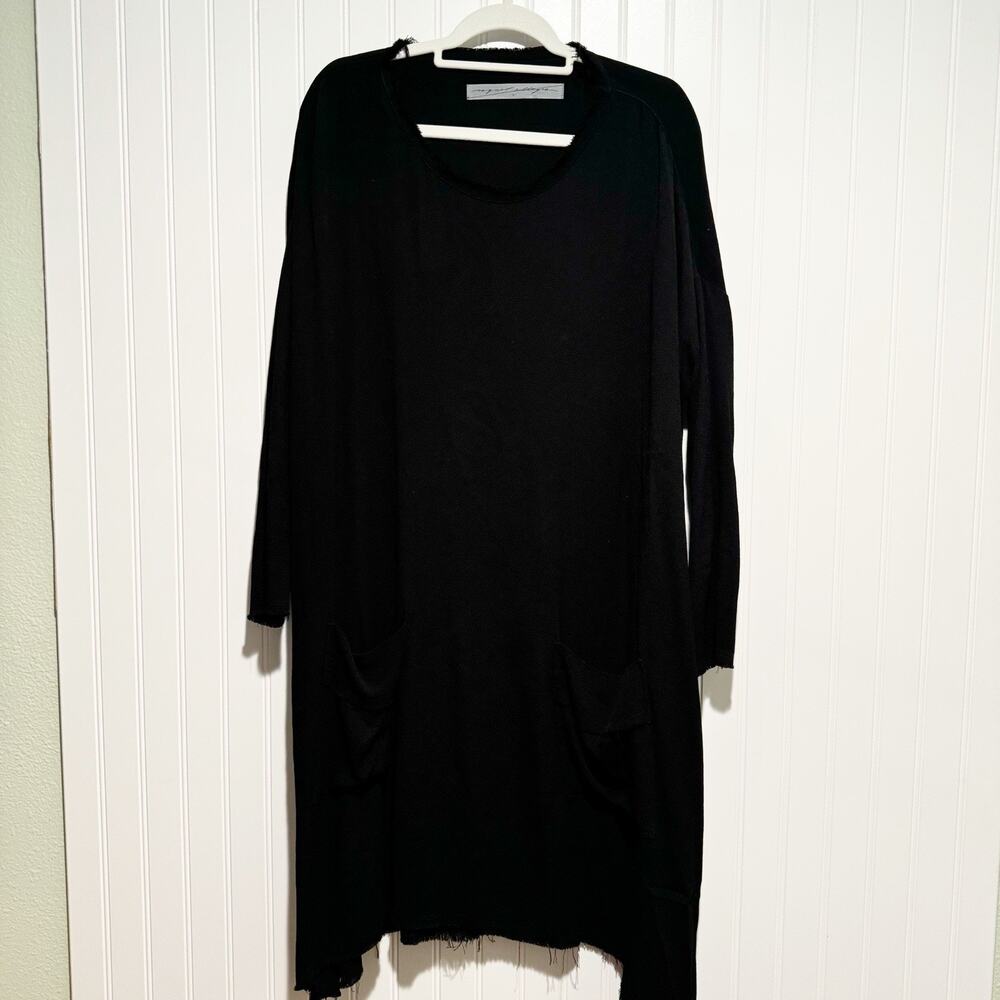 Raquel Allegra Black Raw Edge Crepe Tunic Dress Front Pockets Lagenlook XS - Picture 2 of 7
